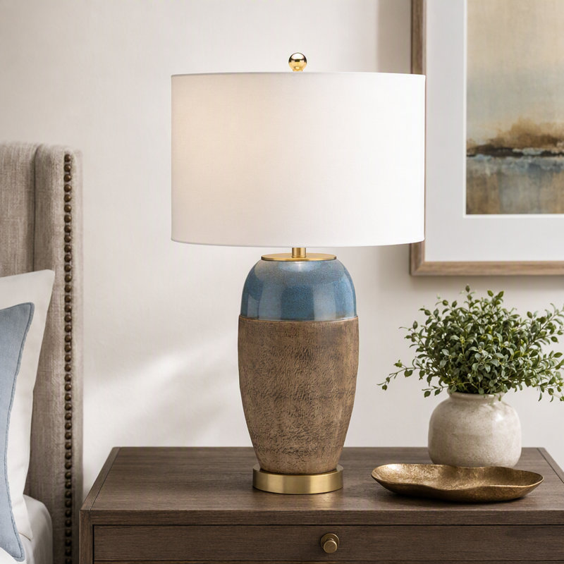 Lampe de table brune de 77 cm de hauteur avec abat-jour cylindrique en lin blanc