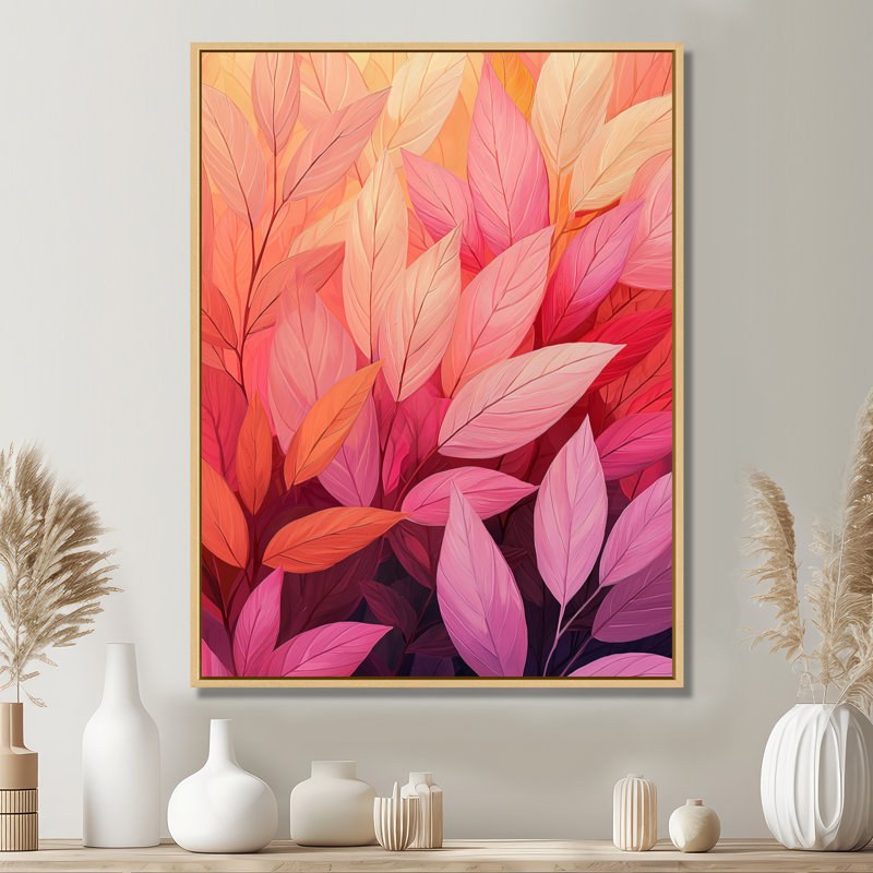 Kiera, feuilles de corail, danse de la forêt II - feuilles, impressions sur toile, Reproduction avec cadre flottant