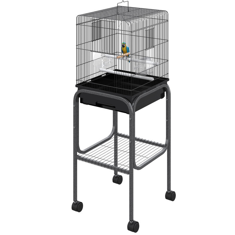 Cage à oiseaux intérieure en métal 45 po - Volière spacieuse avec support amovible, panier et accessoires d'alimentation Cage noire, accessoire