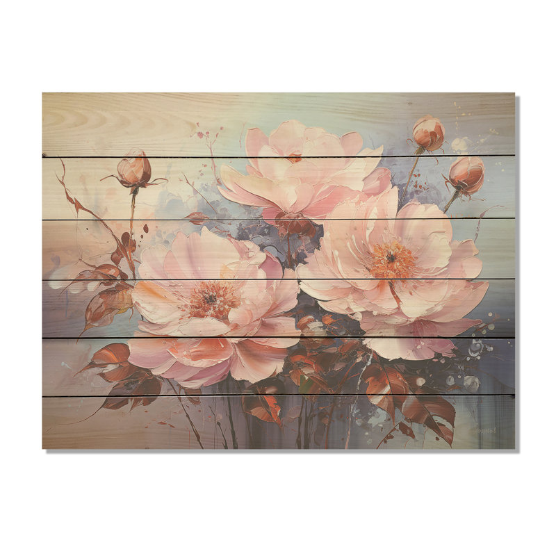 Beige, roses roses, Burgeon I - champ de fleurs, art mural sur bois de pin naturel, H 30 po x l 40 po