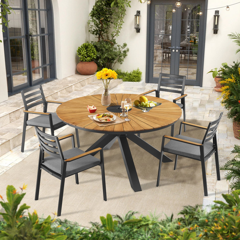 Outdoor Aluminum/Teak Round Dining Set With Olefin Cushions, 4