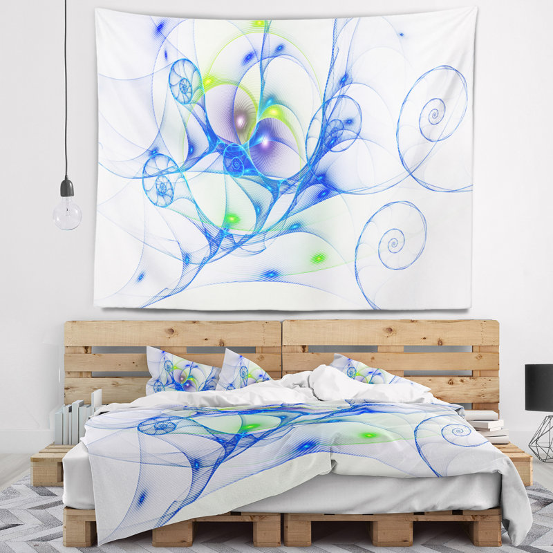 Tapisserie spirale abstraite de couleur bleue bouclée, H 50 po x l 60 po