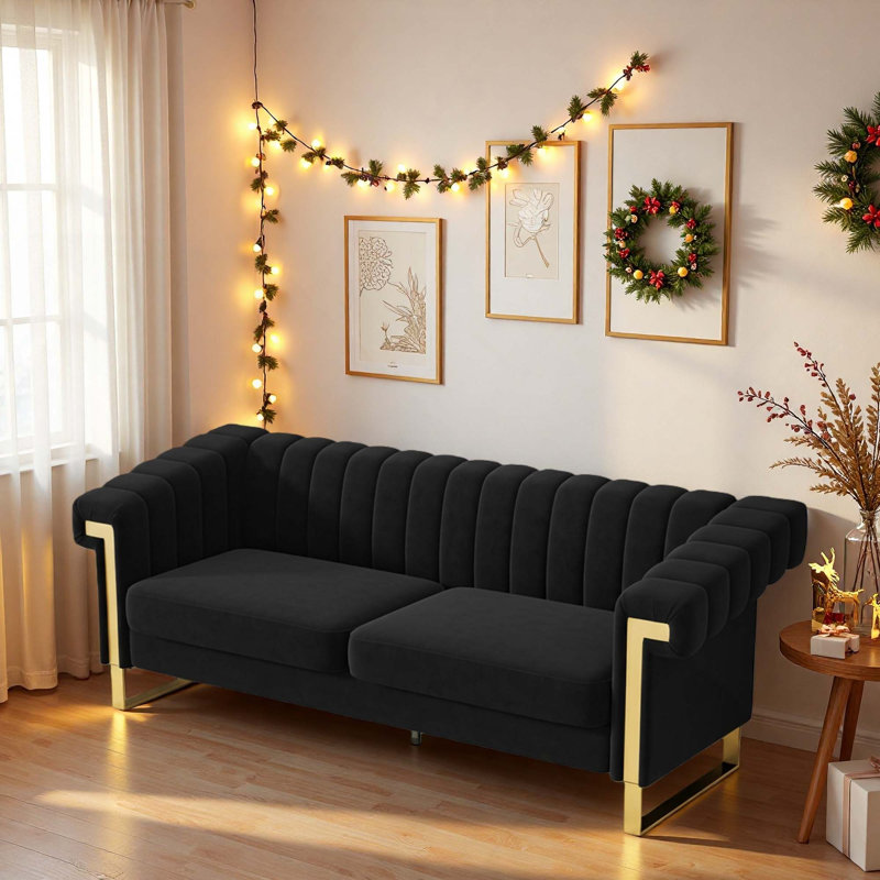 Canapé en velours moderne avec détails capitonnés Lennox, Black