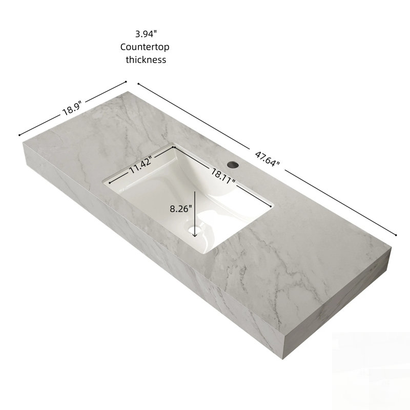 Plan de travail en pierre frittée veinée avec lavabo en céramique encastrée, alliant haute durabilité et esthétique moderne pour les meubles-lavabos de salle de bain contemporains.