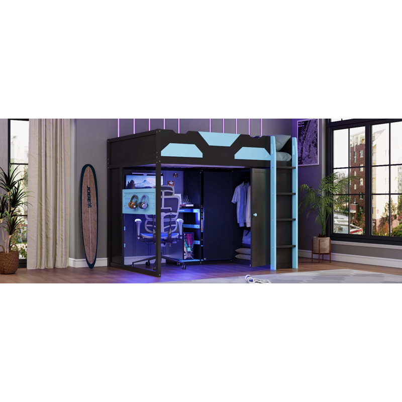 Lit mezzanine double en bois avec bureau, tablettes multiples, lumière USB et RVB, Blue