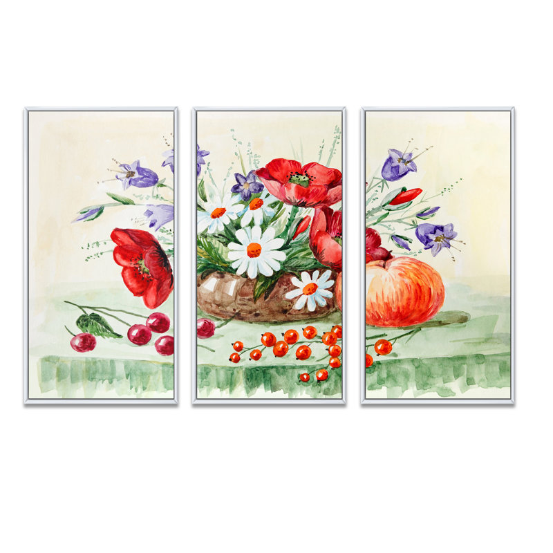 Bouquet coloré de fleurs et de fruits - ensemble de 3 toiles encadrées florales, Cadre noir, H 28 po x l 36 po x P 1 po