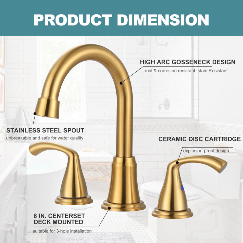 Widespread 2-handle Bathroom Faucet with Drain Assembly, Gold