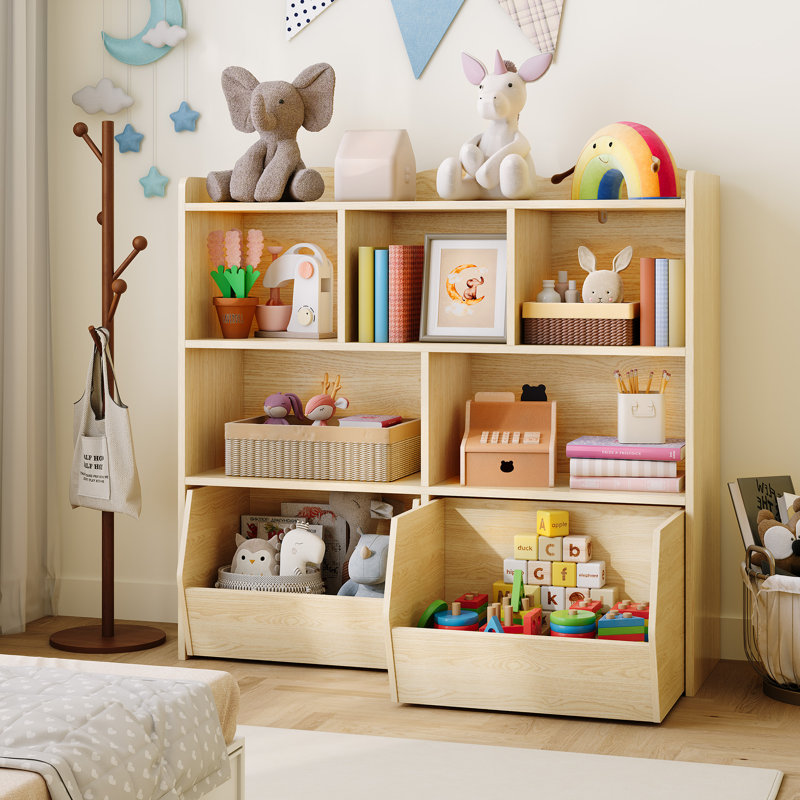 Bookshelf with 5 Storage Cubbies and 2 Drawers for Playroom, Bedroom, Hallway, Classroom, Nursery, Beige