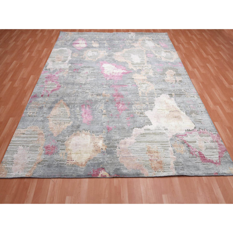 Tapis rose noué à la main de conception unique 9 pi x 12 pi 1 po nouvel âge Valpuri