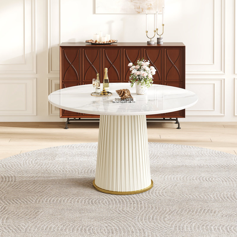 Modern 43.3 Inch Round Dining Table, Glossy Sintered Stone Top with Pleated PU Leather Iron Pedestal, Adjustable Feet for Dining Room & Negotiation Room, Elegant White
