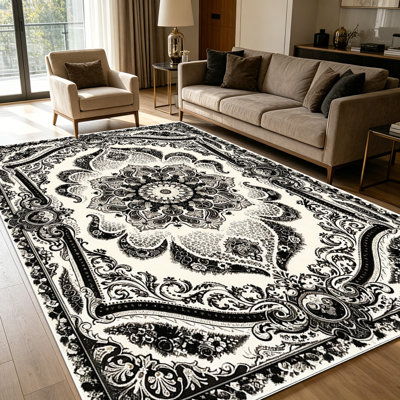 1PC vintage cream black bohemian medallion paisley area rugs for Living Room, Soft and Comfortable, Suitable for all seasons, easy-to-maintain, machine washable Indoor floor mat, Under Table Farmhouse suitable for dining table, entryway, bedroom,