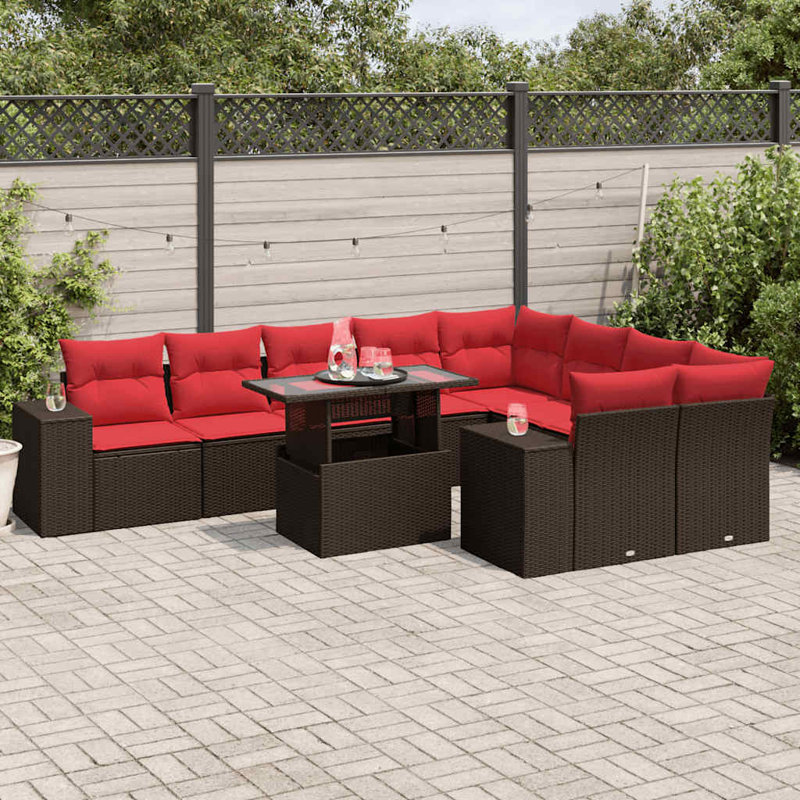 Ensemble de canapé de patio 10 pièces avec coussins en rotin de polyester, Rouge, Brun