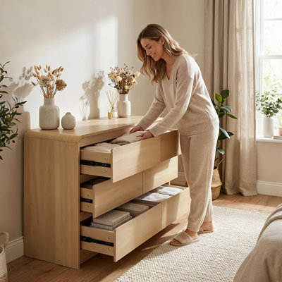 Commode 6 pièces pour la chambre à coucher, commode 6 tiroirs moderne avec comptoir spacieux, armoire de rangement en bois avec poignées dissimulées et coins arrondis, commodes en bois pour la chambre à coucher, le salon, le bois