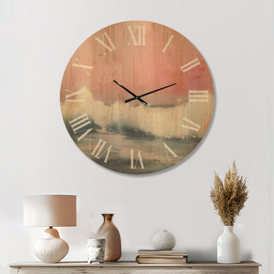 Ciel rosé sur les vagues II - Horloge murale de plage, imprimée sur bois