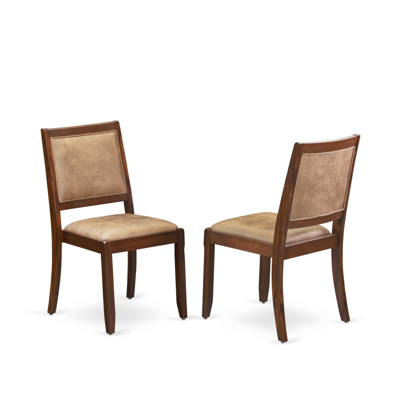 5-piece Mid-century Dining Table set consists of a Round Kitchen Table and 4 Brown Textured Faux Leather stackable Chair, Antique Walnut Finish.