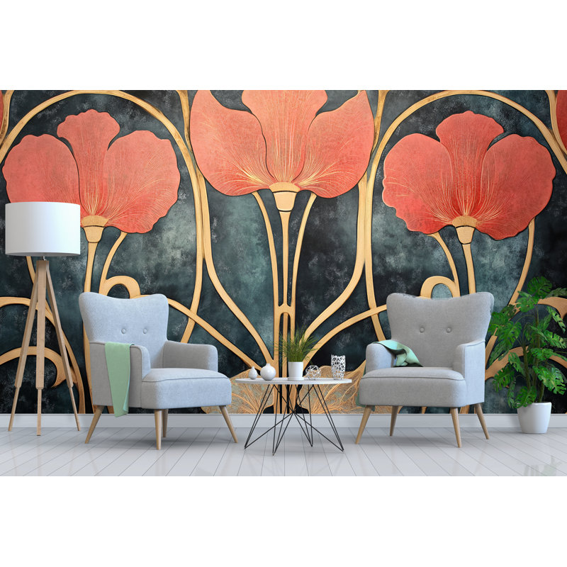 Élégant papier peint coquelicot corail, L 10 po x l 8 po, Peler et coller