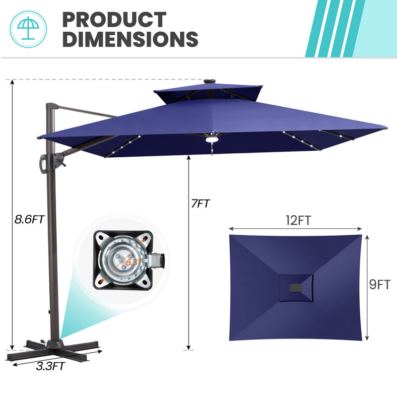 Parasol à lumière solaire rectangulaire en porte-à-faux 12 pi x 9 pi sans base lestée 12 pi x 9 pi, Marine