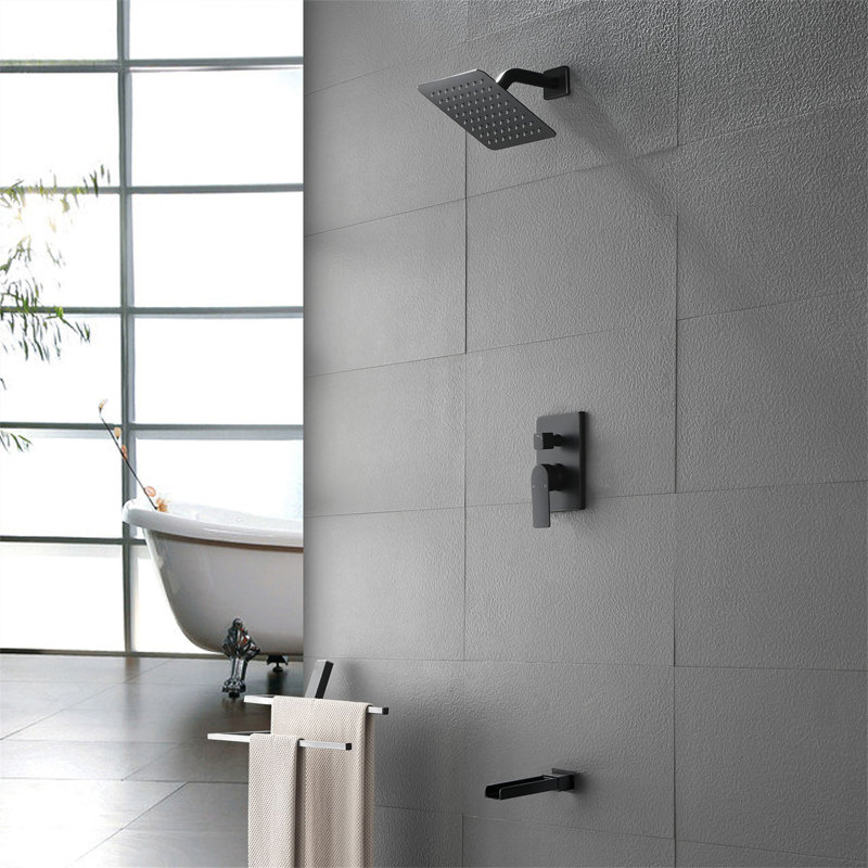 Système de douche mural de 8 pouces avec robinet de baignoire cascade, robinet de douche à poignée simple, ensemble de garniture de douche en laiton moderne avec valve brute