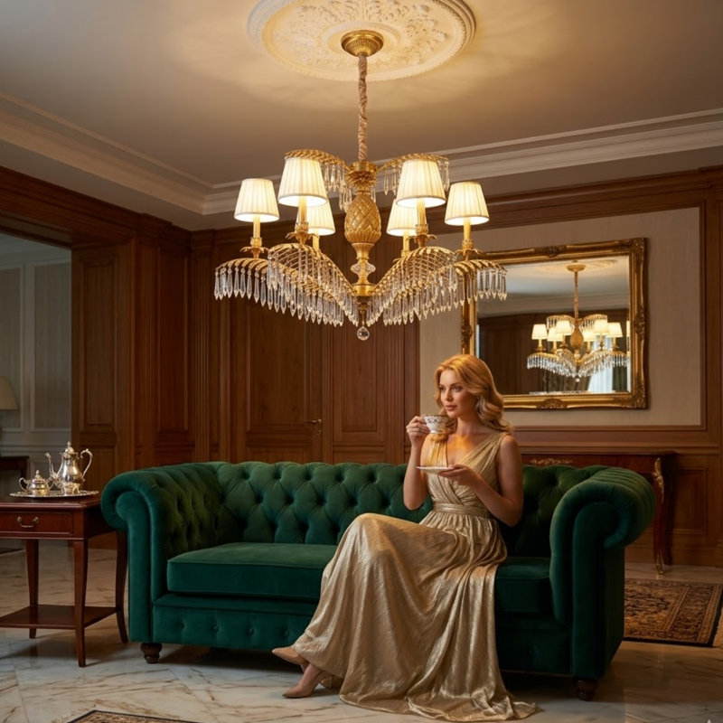 Élégant lustre en cristal ananas et branches de palmier Art Deco avec accents durables pour l'espace de vie