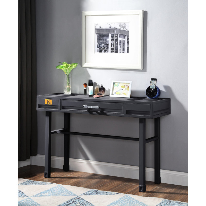 Gunmetal Metal Vanity Desk Featuring One Drawer, Straight Legs, Iron Plate  40 X 40Mm  Top, Recessed Panel Design, Side Glide Manual Close, Single Handle, 39"L 16"W 25"H Knee Space Drawer In Metal,