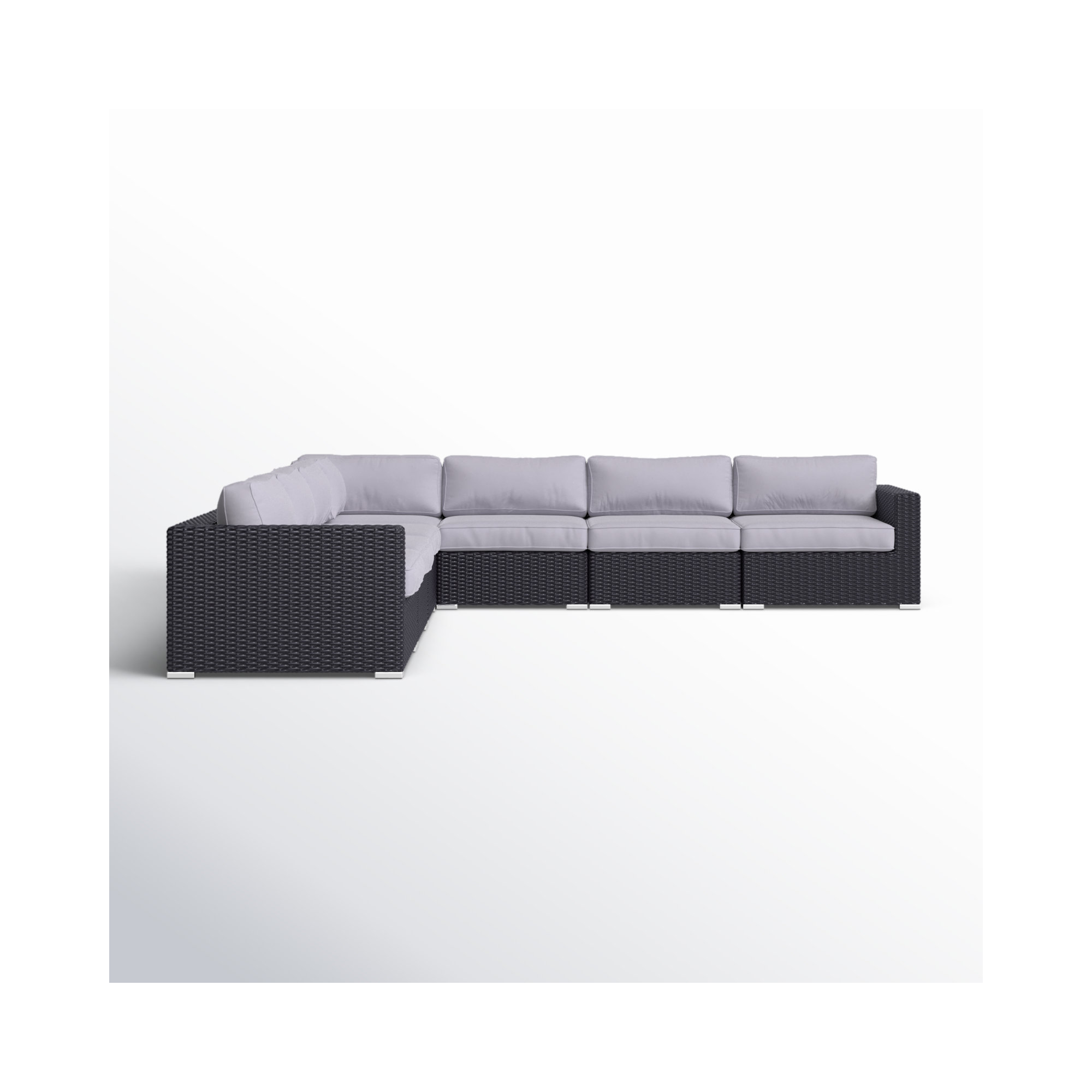 Foxtrot Fully Assembled 122'' Wide Outdoor Wicker Patio Sectional with Cushions, Olefin Gray Cushion/Black Frame