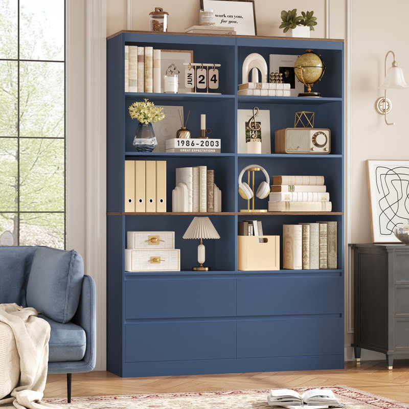 70.9"H X 47.2"W Wood Double 4-Tier Bookcase With 4 Storage Drawers, Blue/Brown