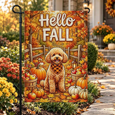 Drapeau de jardin « Bienvenue en automne », double face, 30 x 45 cm, motif caniche orange et crème d'automne