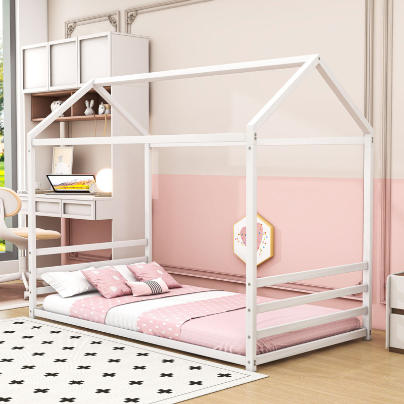 Montessori-Inspired House-Shaped Metal Floor Bed With Roof, Twin, White