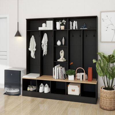 Wide Design Hall Tree with Storage Bench, Minimalist Shoe Cabinet with Cube Storage & Shelves, Multifunctional Coat Rack with 8 Hooks for Entryways, Mudroom
