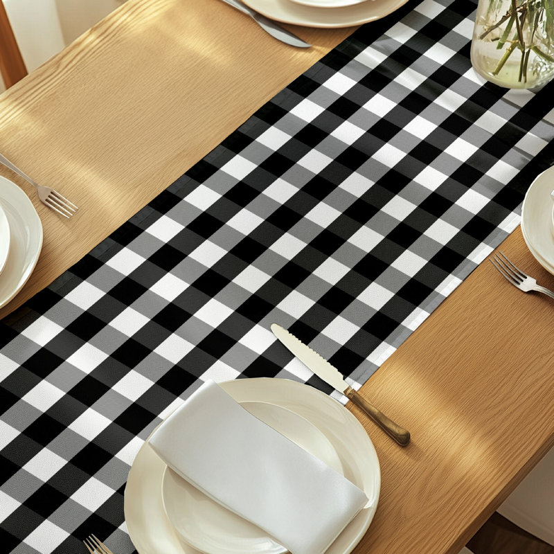 Ines Picnic Check Milliken Signature Table Runner, 72" L x 12" W, Black
