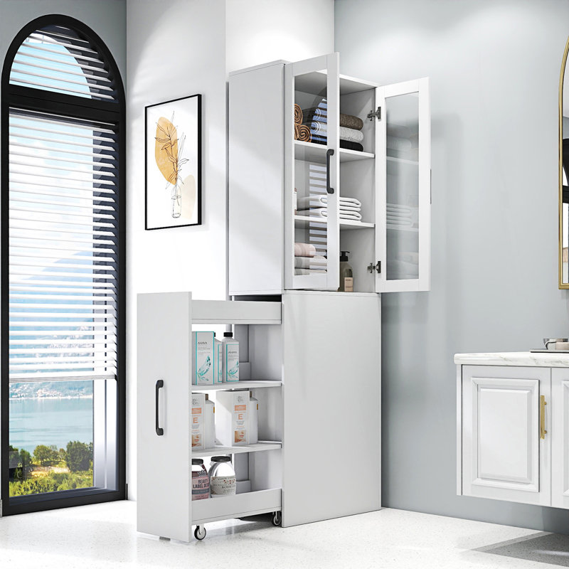 Armoire de rangement haute avec 4 tablettes coulissantes et 2 portes en verre, Blanc