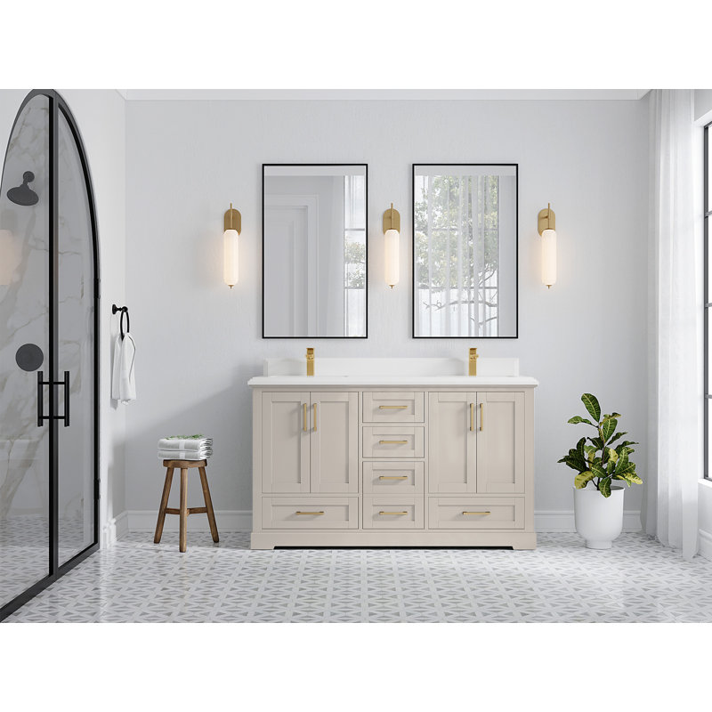 Boston 60 po X P 22 po Meuble-lavabo double D en grain fin avec quartz Cove Edge, Blanc