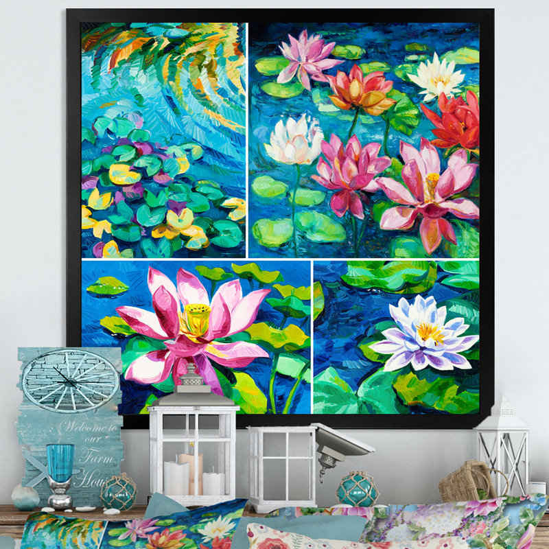 Nénuphar, peinture - sur, Toile avec cadre noir, H 16 po x l 16 po x P 1 po