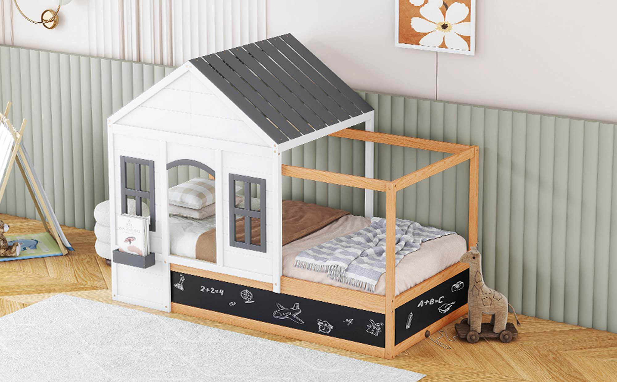 Harper Orchard House Shaped Canopy Bed With Roof And Window, Blackboard