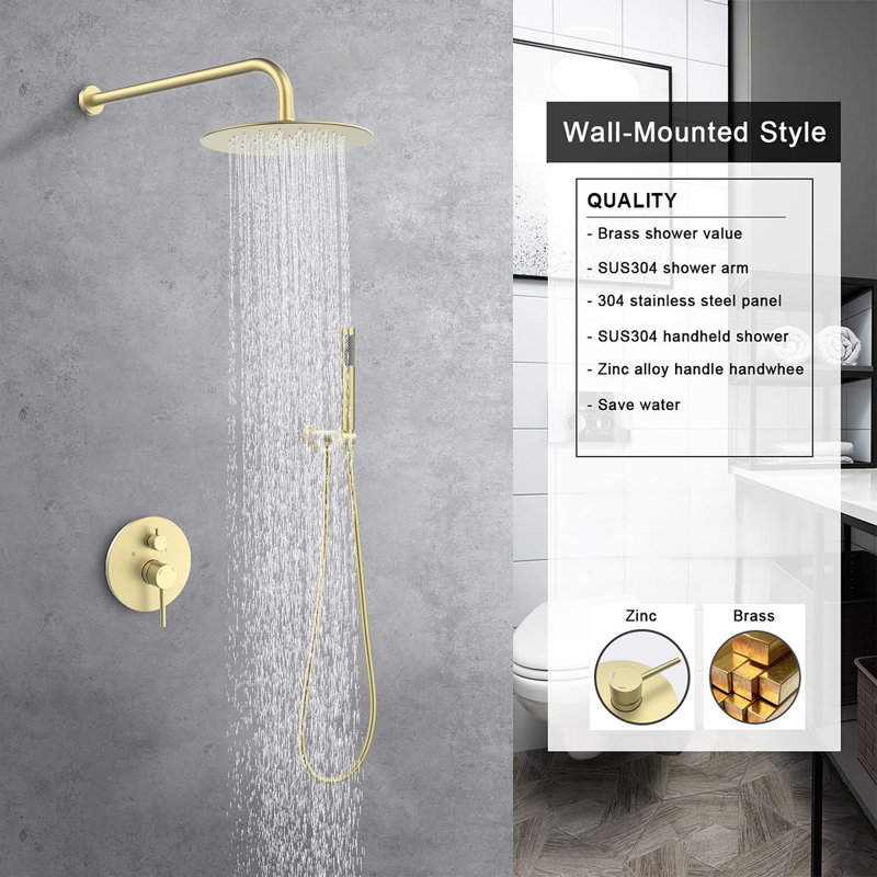Ensemble de robinet de douche mural avec pomme de douche à effet de pluie de 10 po et robinet de douche à main, finition or brossé avec valve en laiton brute
