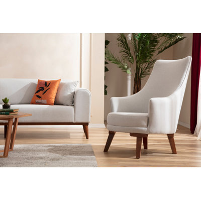 Elegant Wing Chair with Beech Wood Frame, Cream Polyester Fabric, 28 DNS Soft Grey Foam Cushion | Dimensions: 28.3 x 34.3 x 40.2 inches | Fixed Cushio