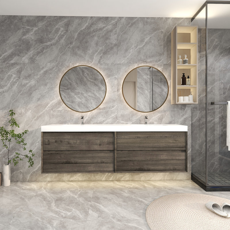 83.4'' Double Bathroom Vanity with Plastic Top, Smoke Oak