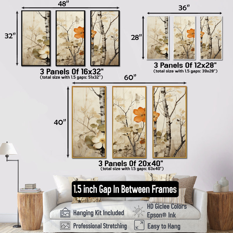 Floral, beige et brun, bouleau, forêt, forêt - arbre, art mural, Cadre flottant noir, H 28 po x l 36 po x P 1 po