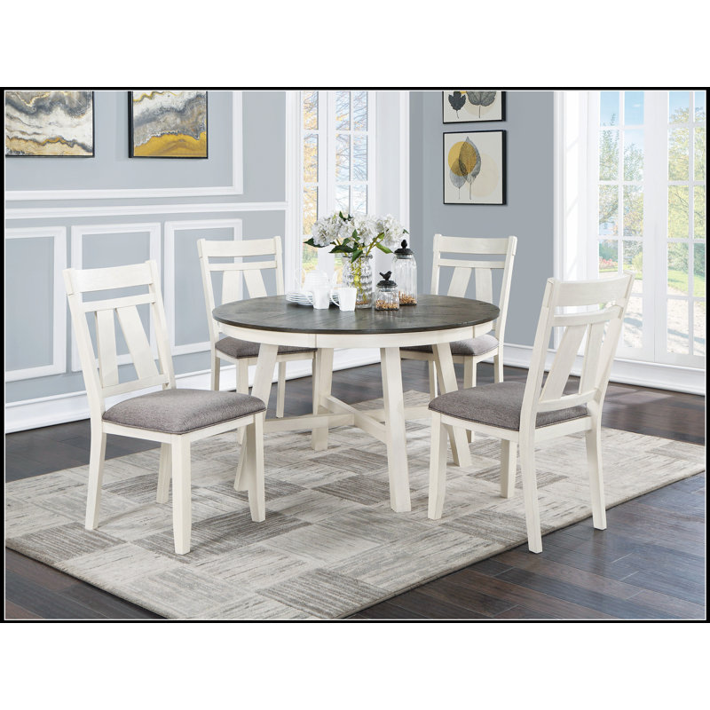 Ensemble de salle à manger élégant 5 pièces avec table ronde et 4 chaises d'appoint, coussins en tissu gris et plateau en bois blanc pour les salles à manger modernes