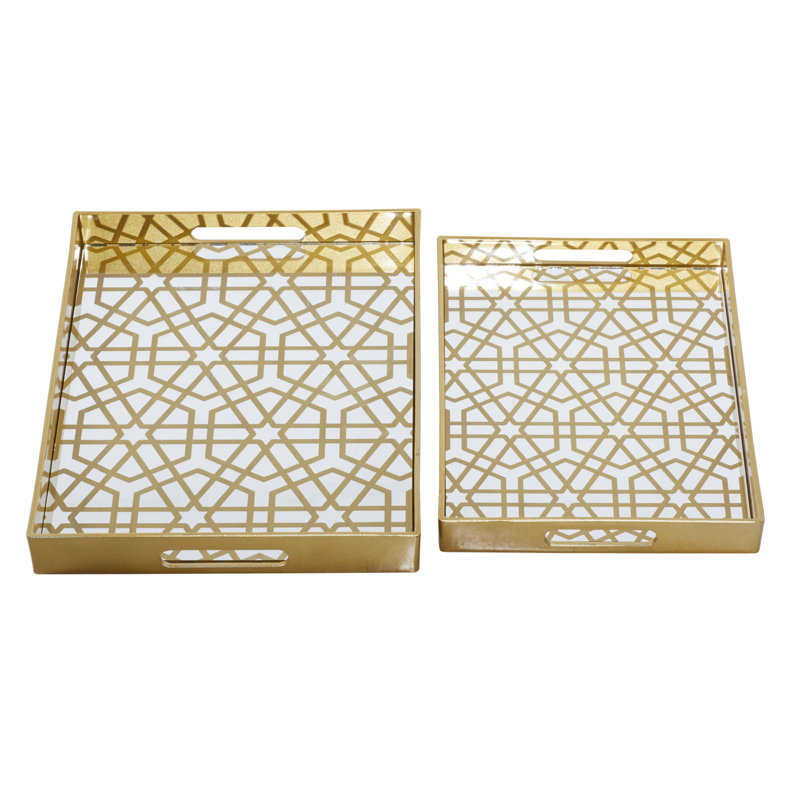 Gold Geometric Mirrored Glass Tray Set, 14" and 16"