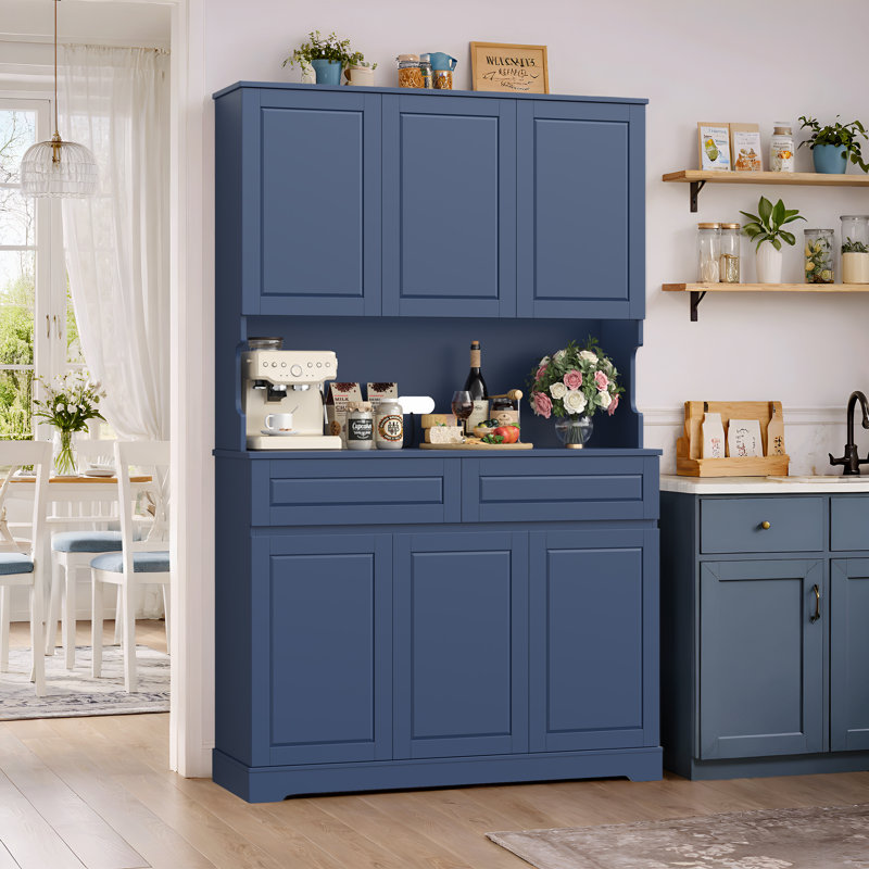Garde-manger en bois 74 po avec tablette à micro-ondes et tablettes réglables, blanc, Bleu