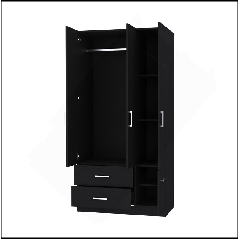 Armoire Douglas en mélamine, deux tiroirs, tringle suspendue et 4 portes., Noir