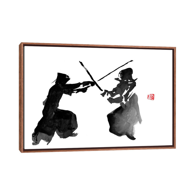 Kendo Fight by Péchane - Painting on Canvas, Classic Brown Wood Framed, 152.5 cm H x 101.5 cm W
