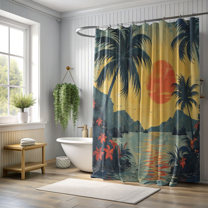 Rideau de douche standard 1 pièce Nostalgic Island Sunset, H 74 po x l 71 po