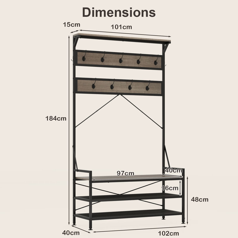 Coat Rack 4-In-1 Hall Tree with 11 Hanging Hooks & Shoe Bench-Brown, Grey