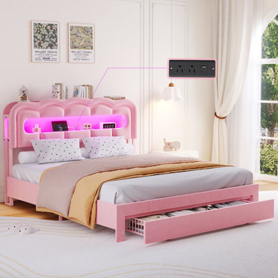 Bed Frame with Storage and LED Lights Charging Station, Velvet Upholstered Girl Bed with Drawer, No Box Spring Needed, Easy Assemble