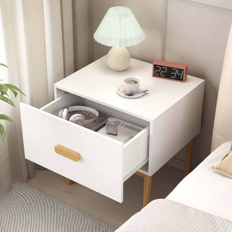 Table de chevet blanche moderne avec tiroir et pieds en bois, table de chevet minimaliste avec poignée pour chambre à coucher, salon, appartement