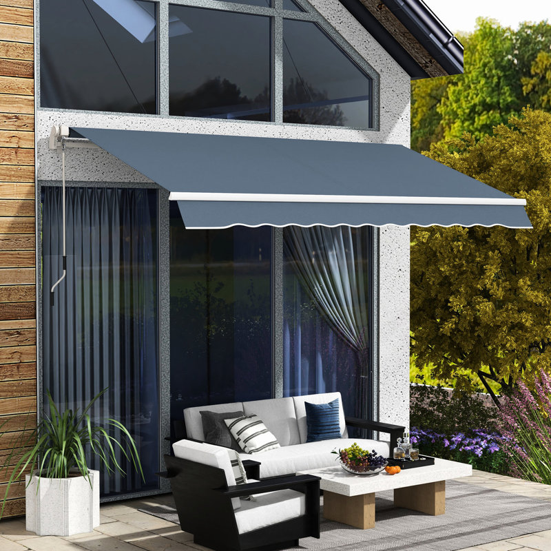 12' X 10' Retractable Sun Awning For Patio. Manual Crank. & Water- 280g/m² Fabric. Aluminum Frame Different Environments. Charcoal Gray Patio - With Easily Adjustable Crank Deck, Balcony, Yard,