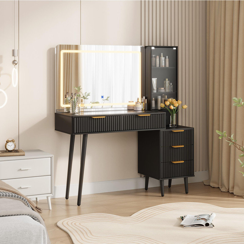 48" Fluted Vanity Set with Mirror & Lights, Glass Top & Outlet, Modern Makeup Desk for Bedroom, Black