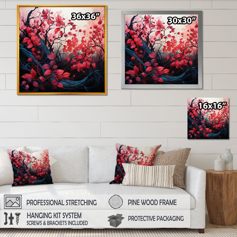 Feuilles botaniques rouges et noires minimalistes sur toile, H 36 po x l 36 po x P 1,5 po, Cadre flottant noir